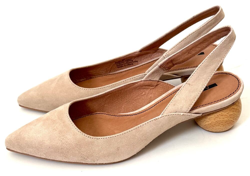 Matiko Anthropologie Heeled Suede Slingback Heel Peach Tan Size 38 US 8-8.5 NEW